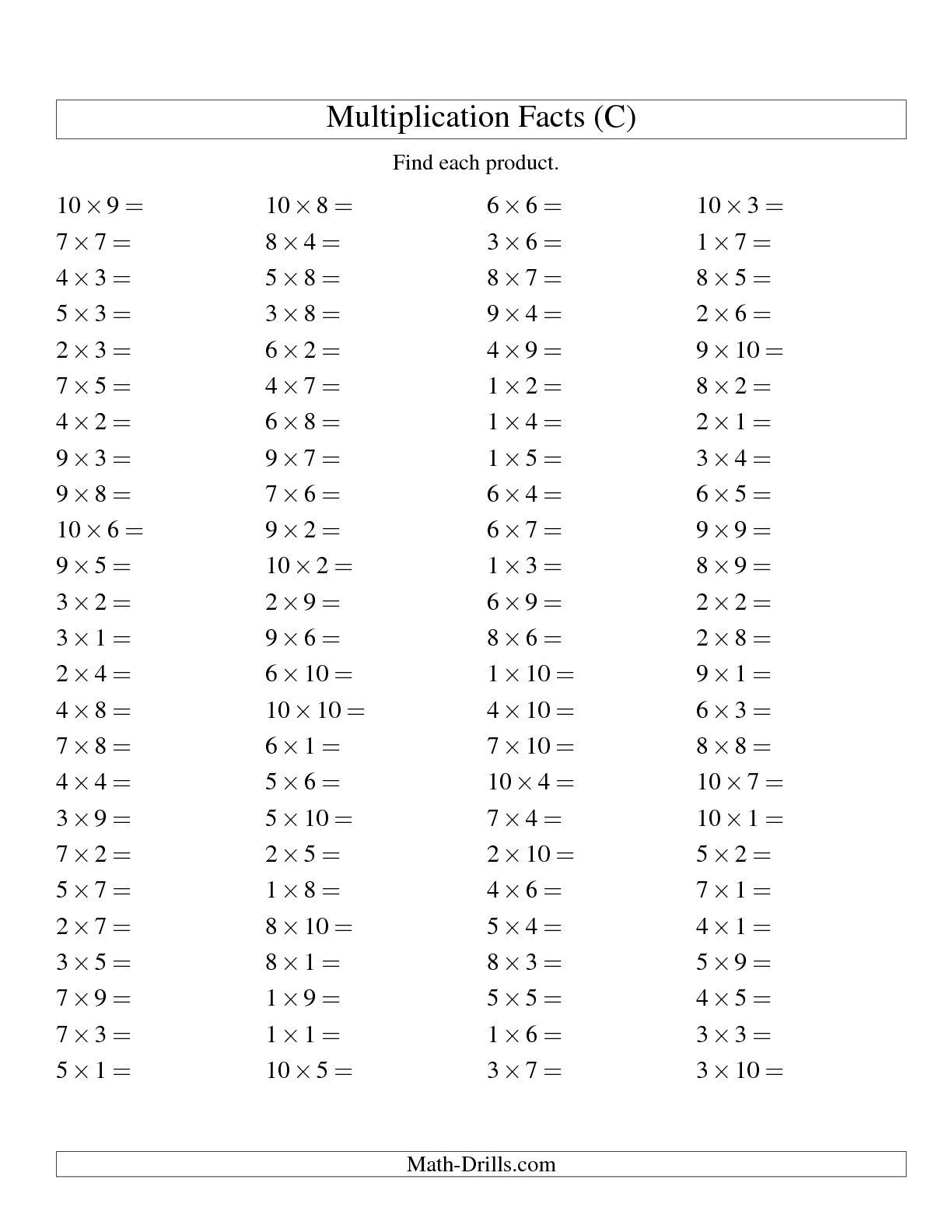 The 100 Horizontal Questions -- Multiplication Facts To 100