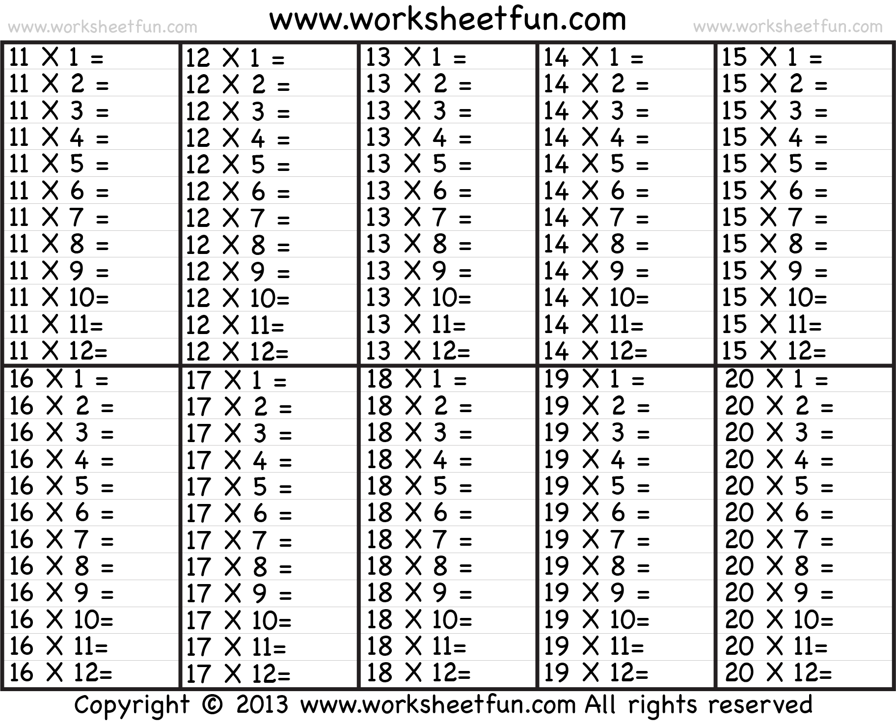 Times Table – 2-12 Worksheets – 1, 2, 3, 4, 5, 6, 7, 8, 9