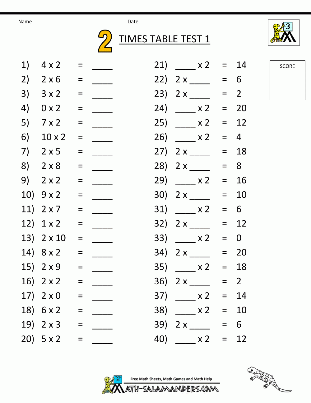 Times Table Tests - 2 3 4 5 10 Times Tables