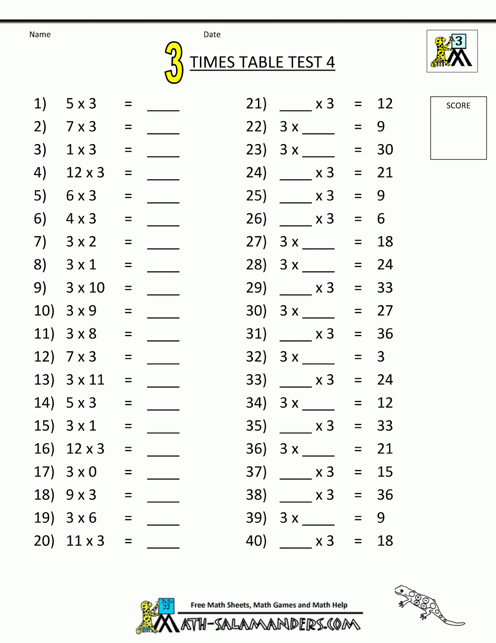 Times Table Tests - 2 3 4 5 10 Times Tables