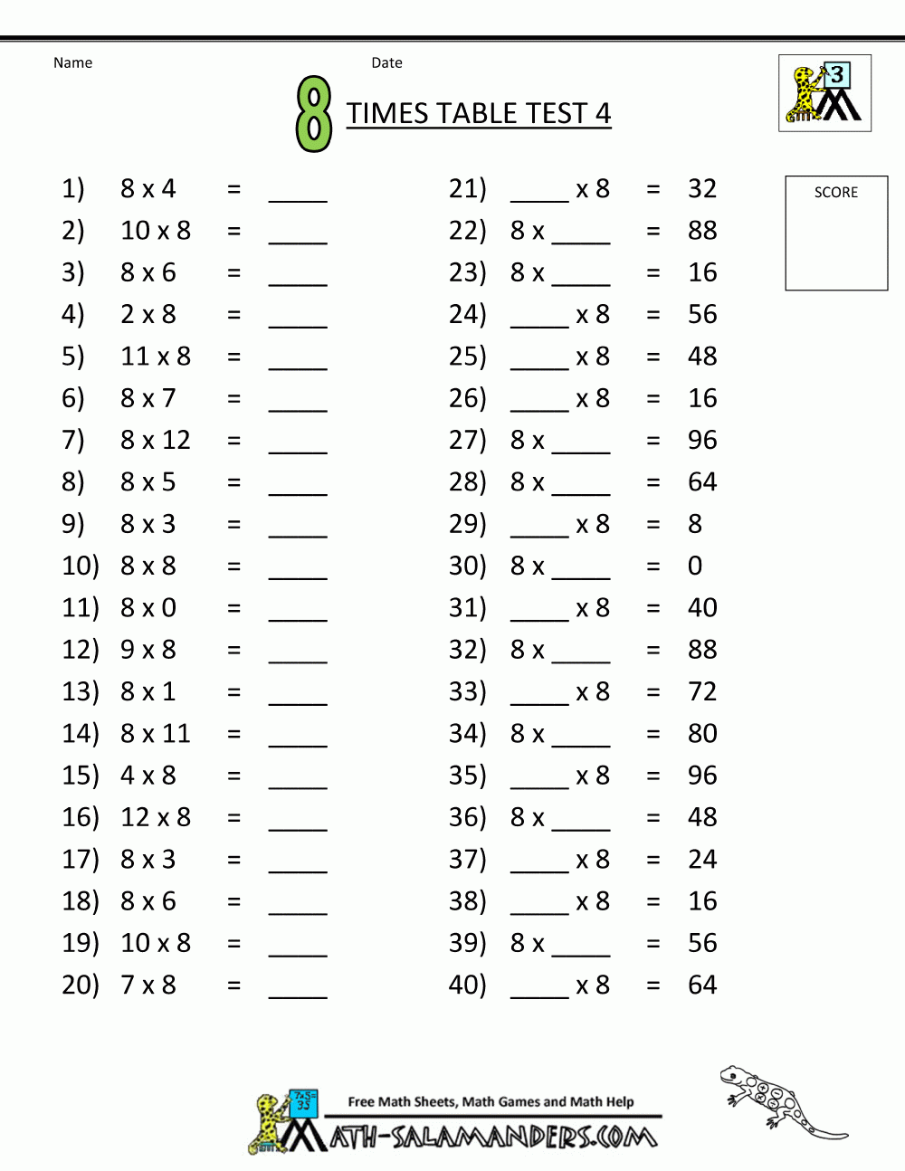Times Tables Tests - 6 7 8 9 11 12 Times Tables