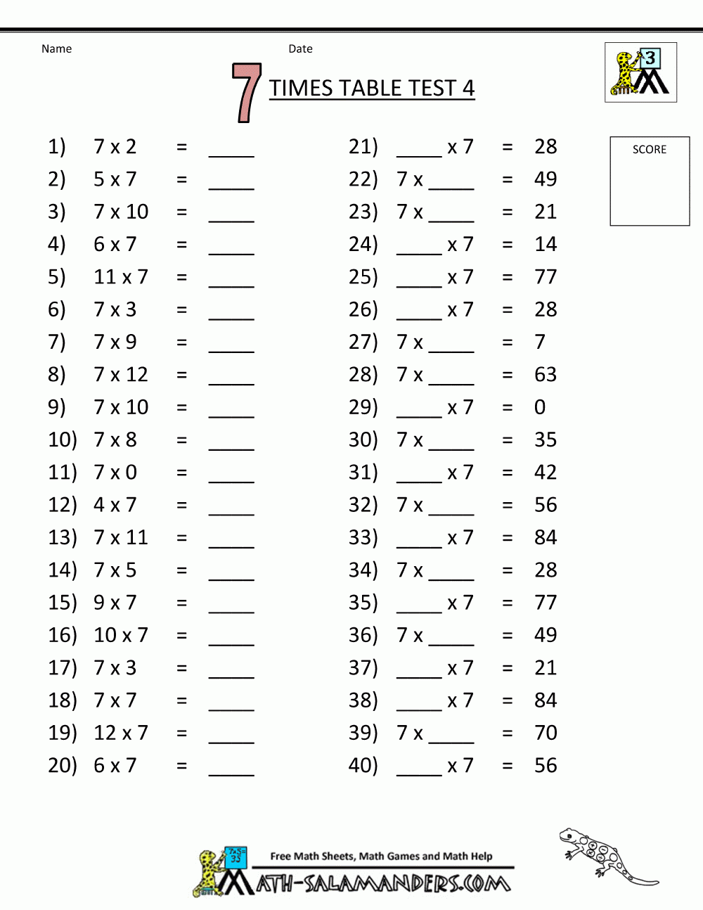 Times Tables Tests - 6 7 8 9 11 12 Times Tables