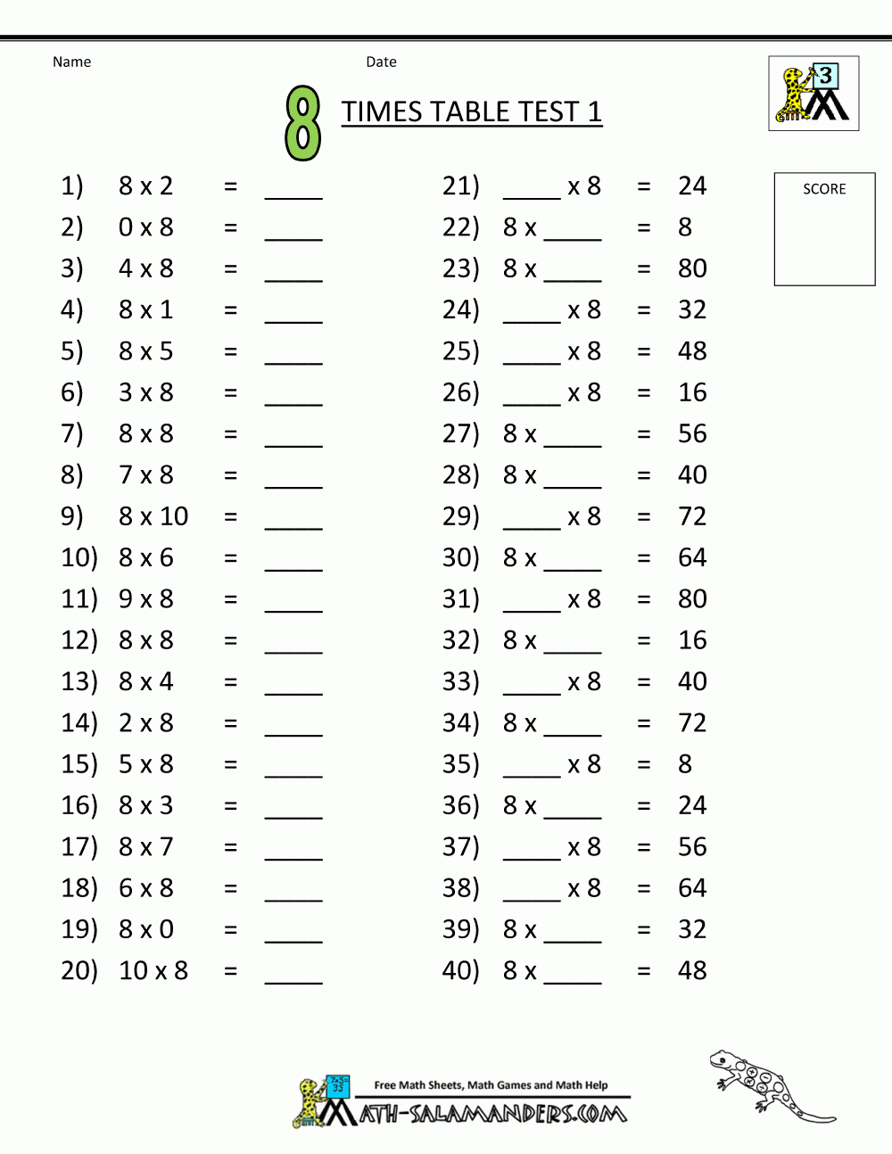 Times Tables Tests - 6 7 8 9 11 12 Times Tables