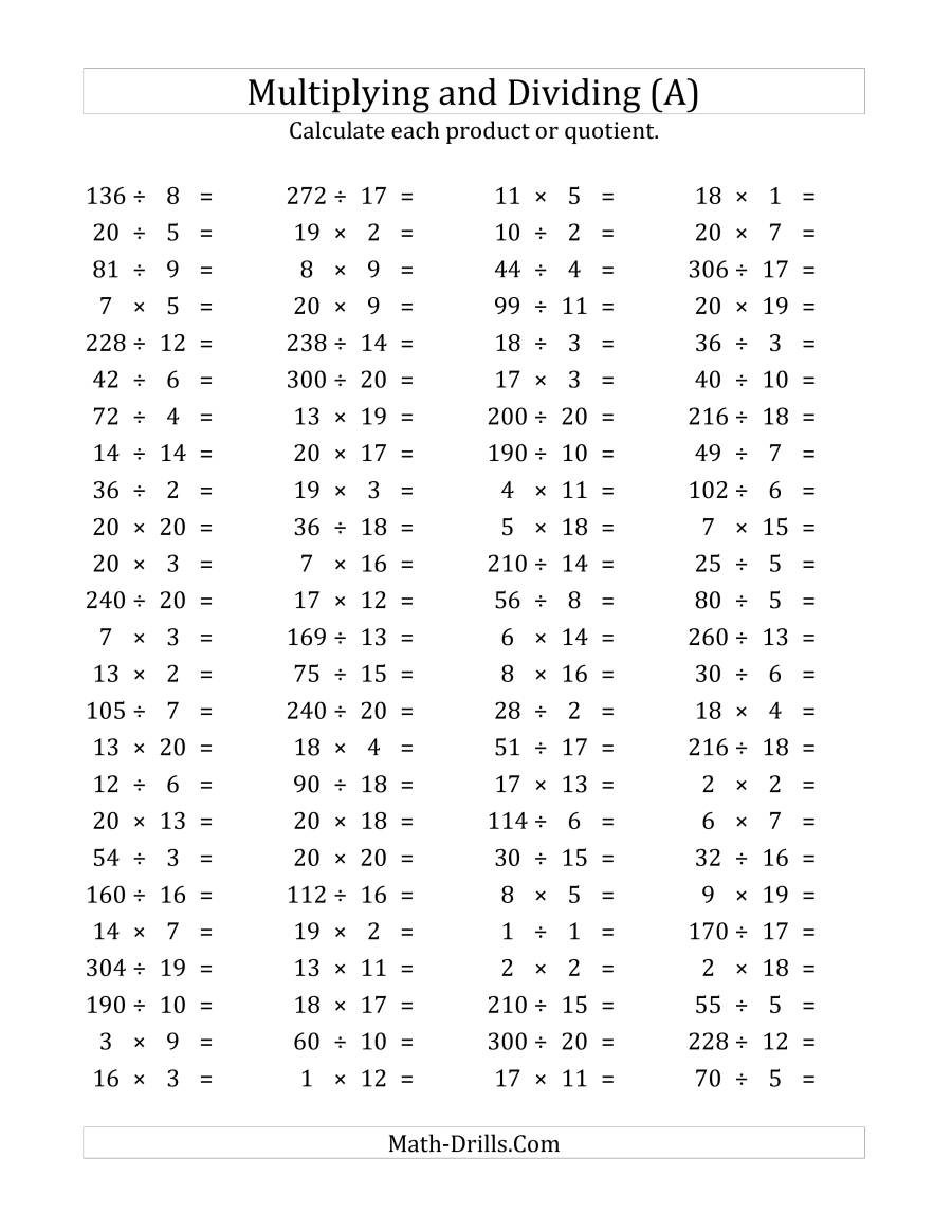 100 Horizontal Multiplication/division Questions (Facts 1 To
