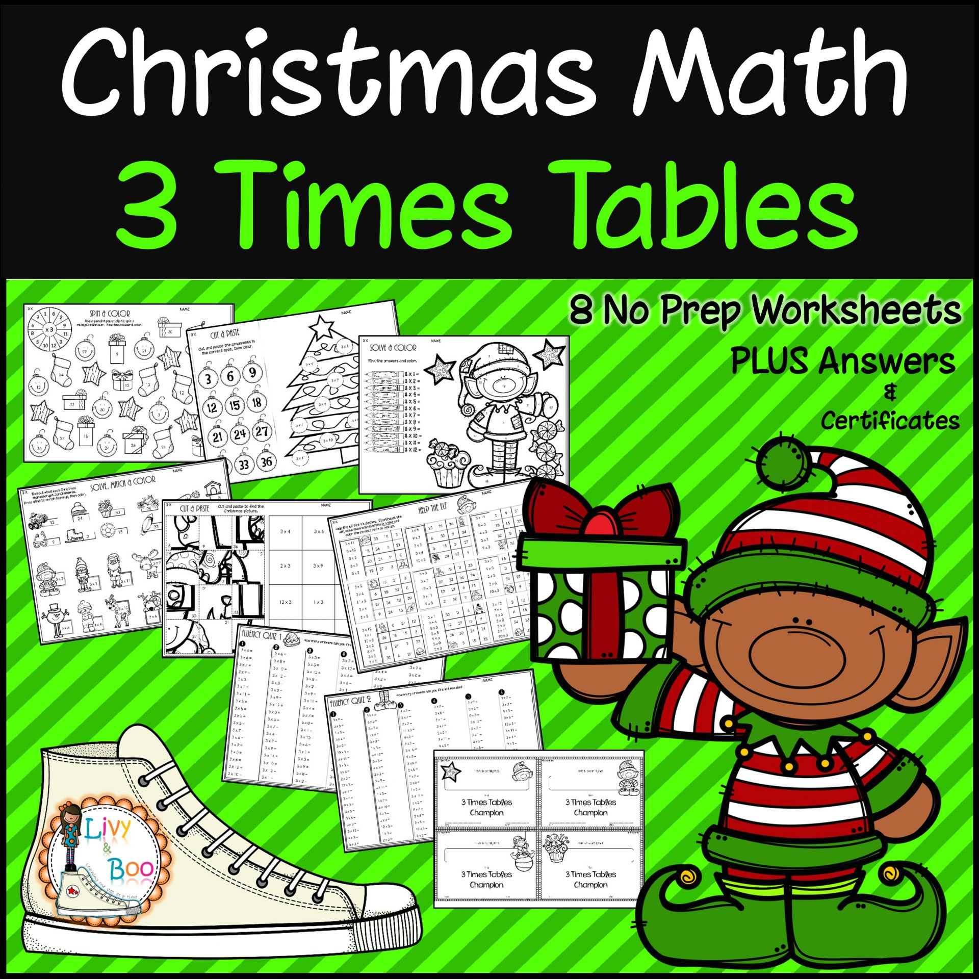 Christmas Multiplication - 3 Times Tables - No Prep Worksheets