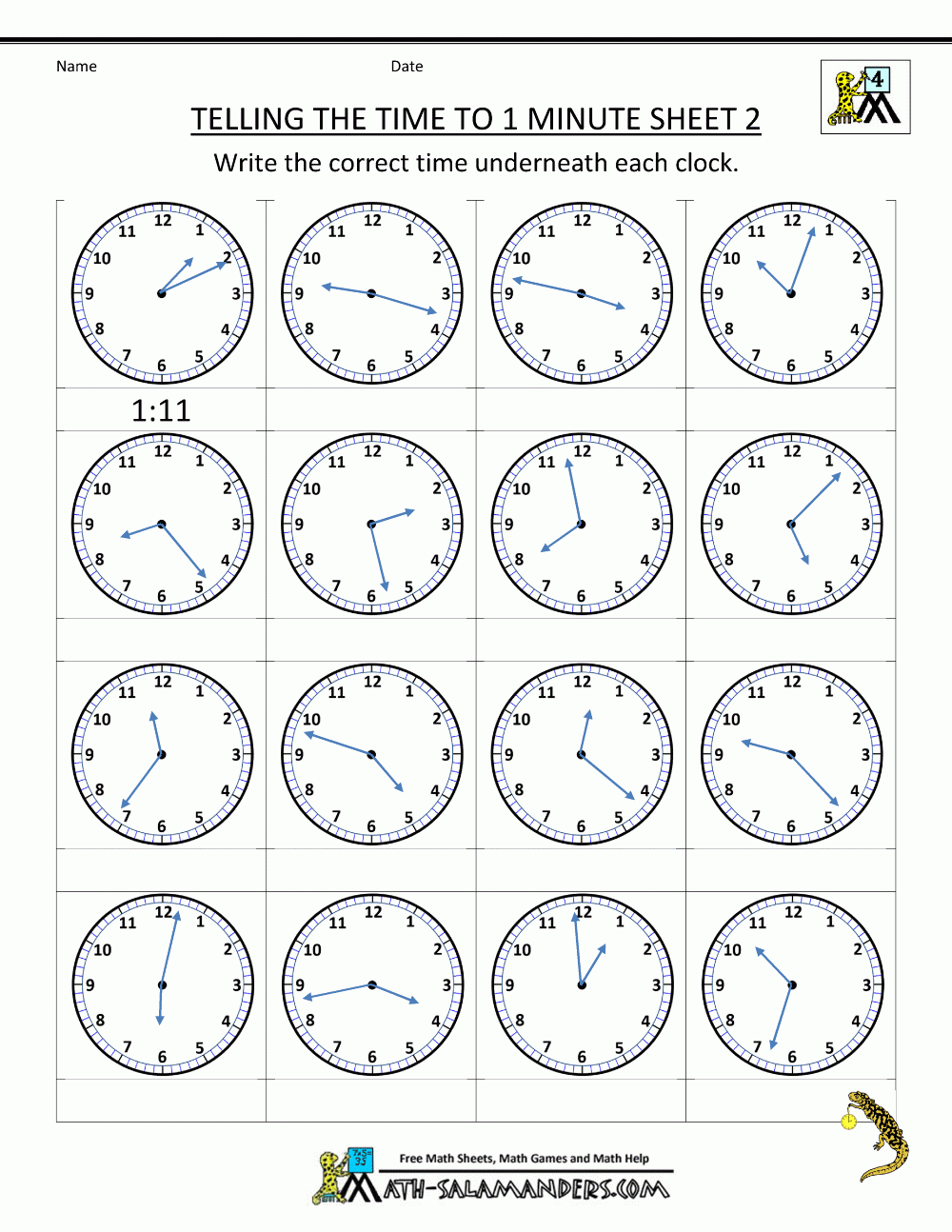 Clock Worksheets - To 1 Minute | Telling Time Worksheets