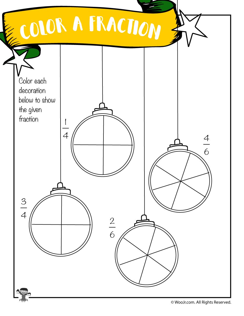 Color The Fraction Worksheet With Christmas Ornaments | Woo