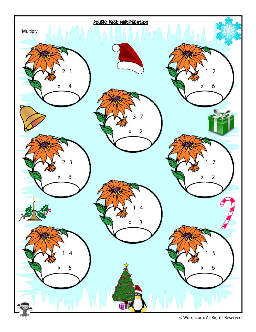 Double X Single Digit Multiplication Christmas Worksheet