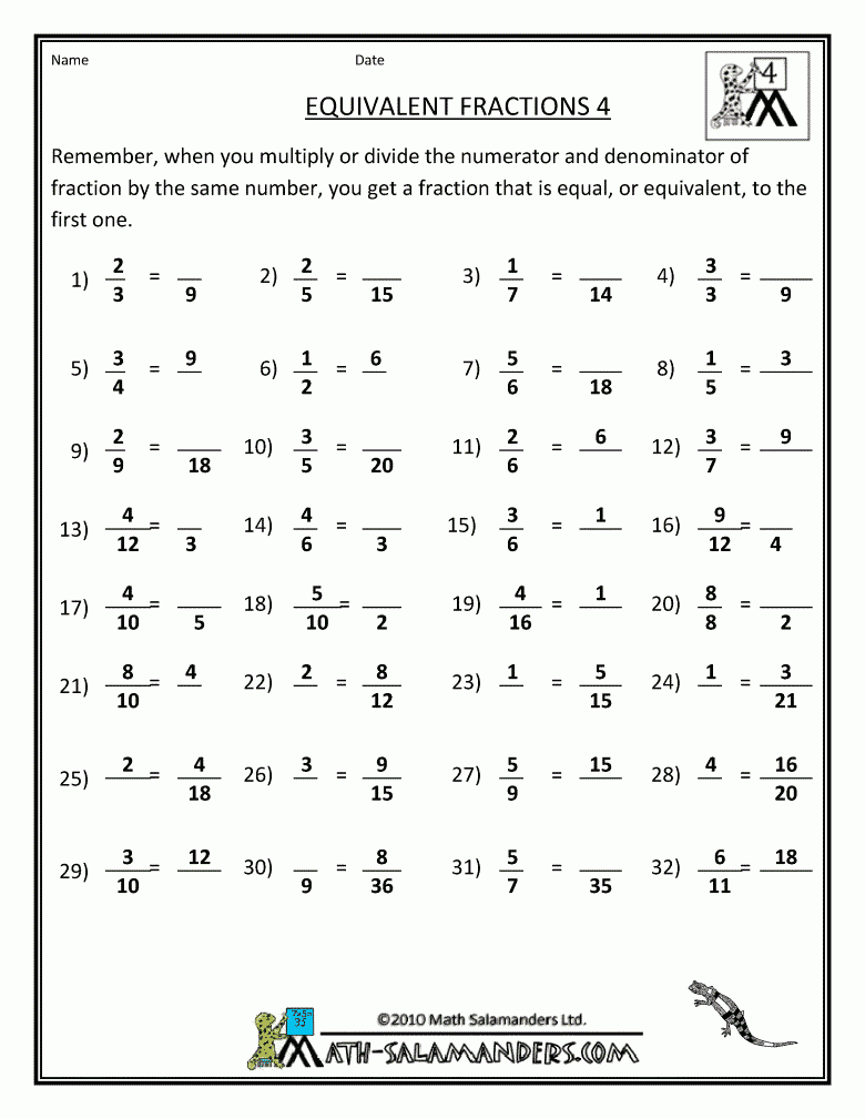 Equivalent Fractions Multiplication Worksheet