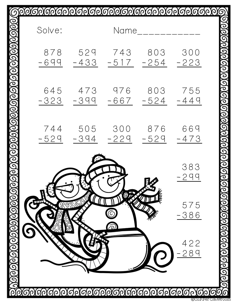 Free Three Digit Subtraction With Regrouping Winter Theme 3