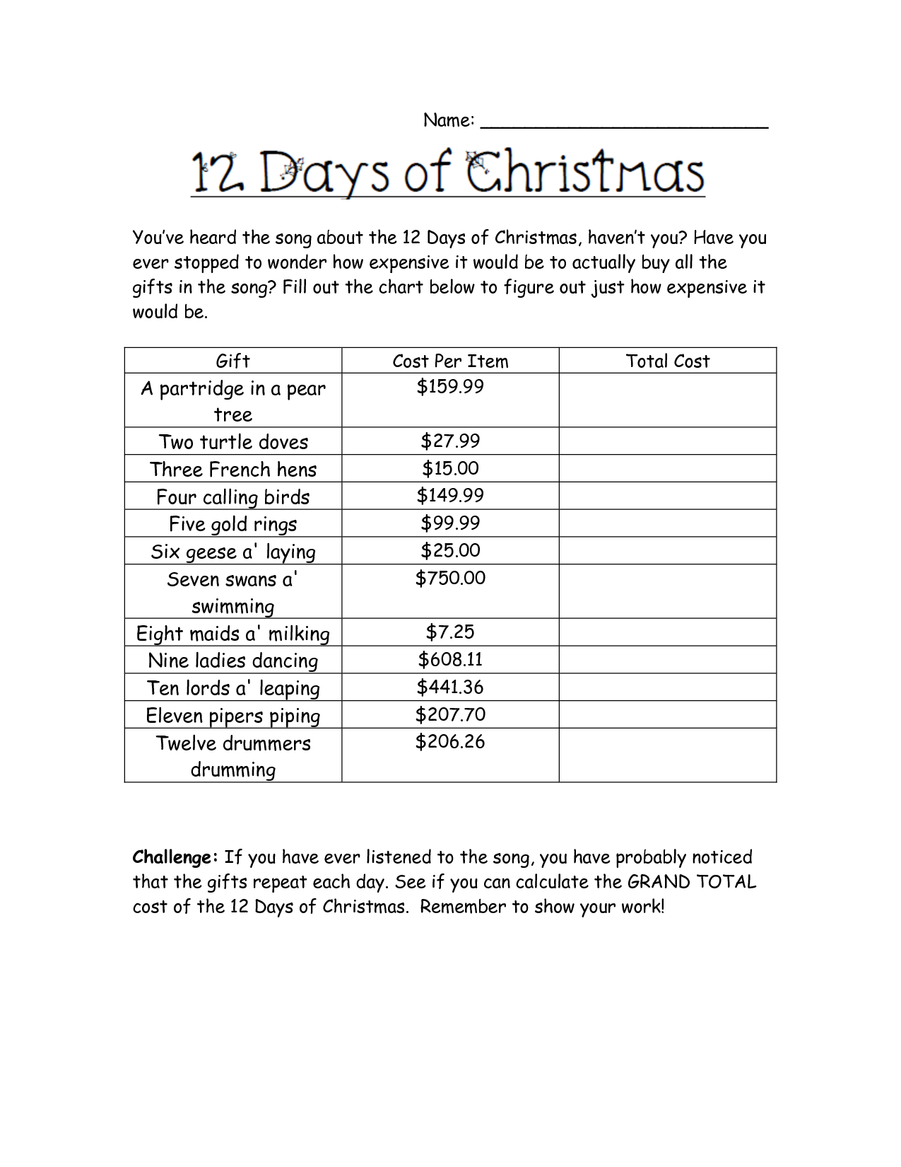 12 Days Of Christmas Math Worksheet Answer Key Printable Multiplication Flash Cards