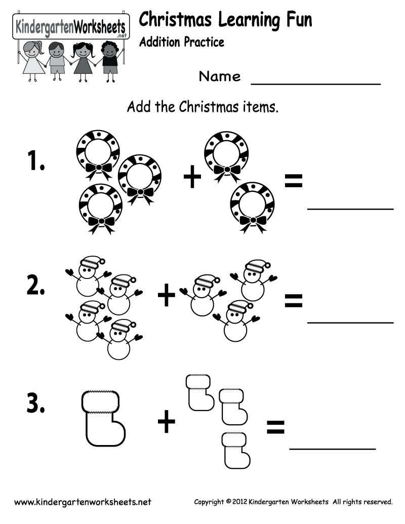 Kindergarten Christmas Addition Worksheet Printable