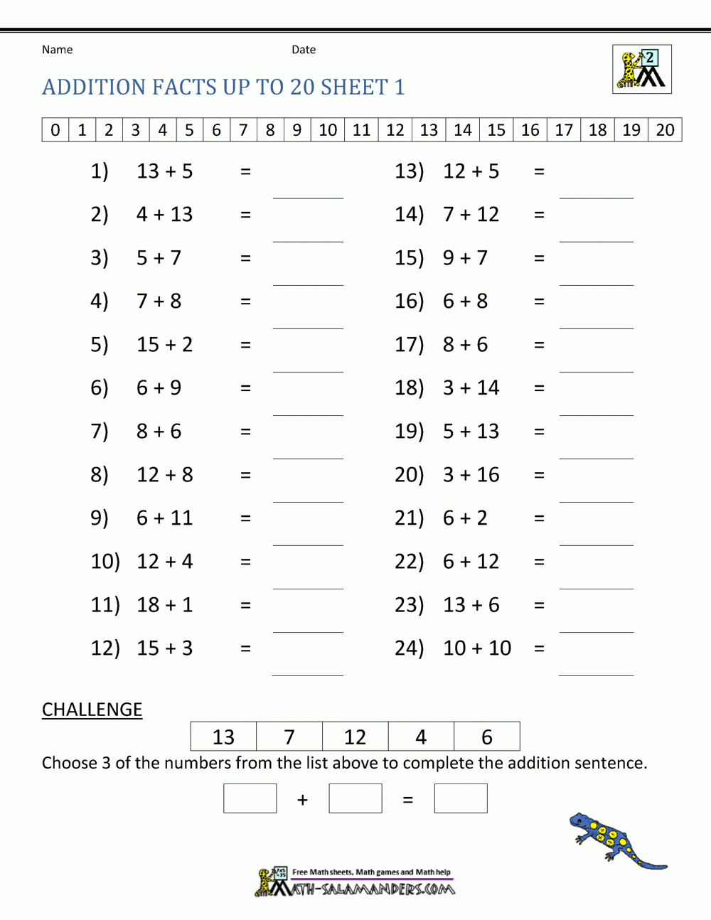 Math Addition Facts To 20