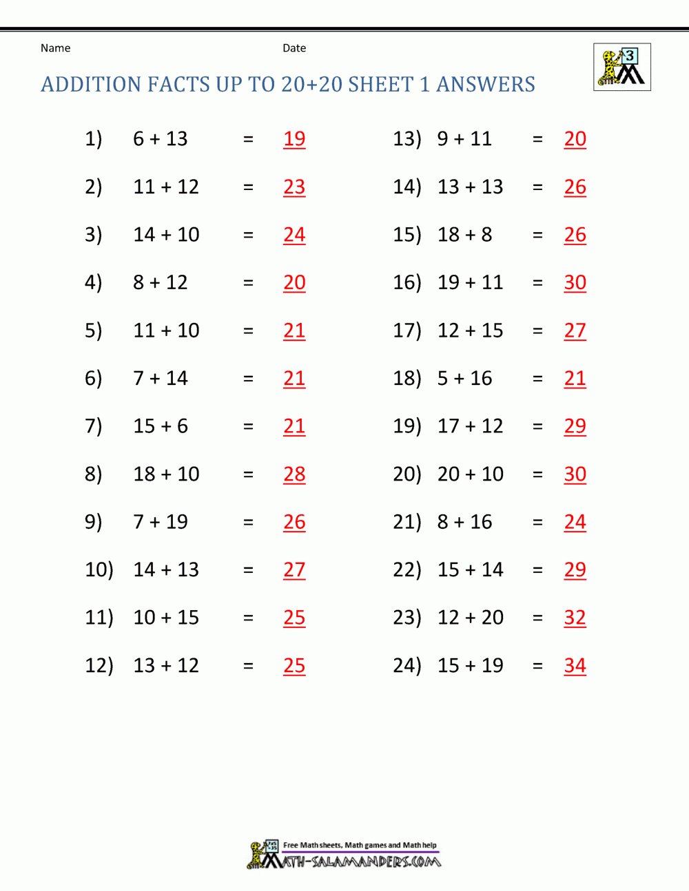 Math Addition Facts To 20