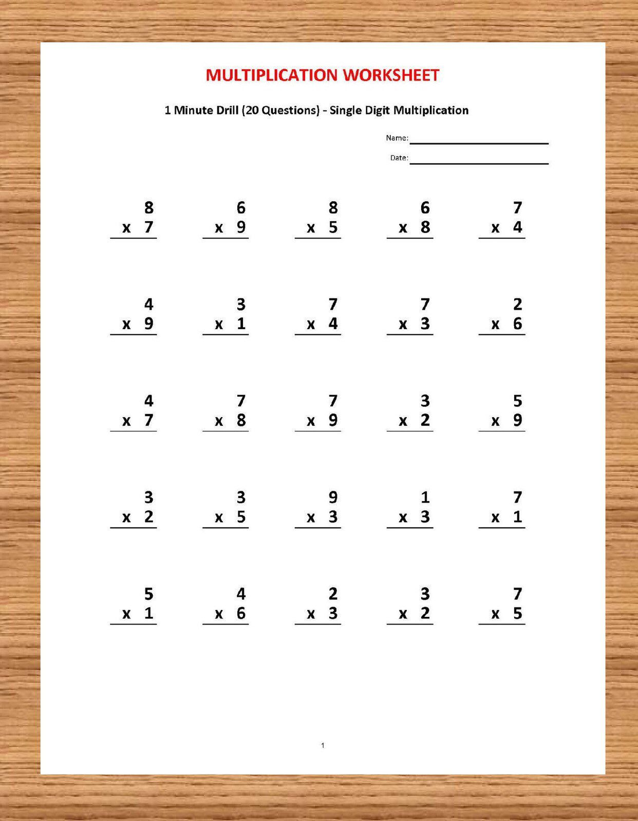 Multiplication 1 Minute Drill V 10 Math Worksheets With