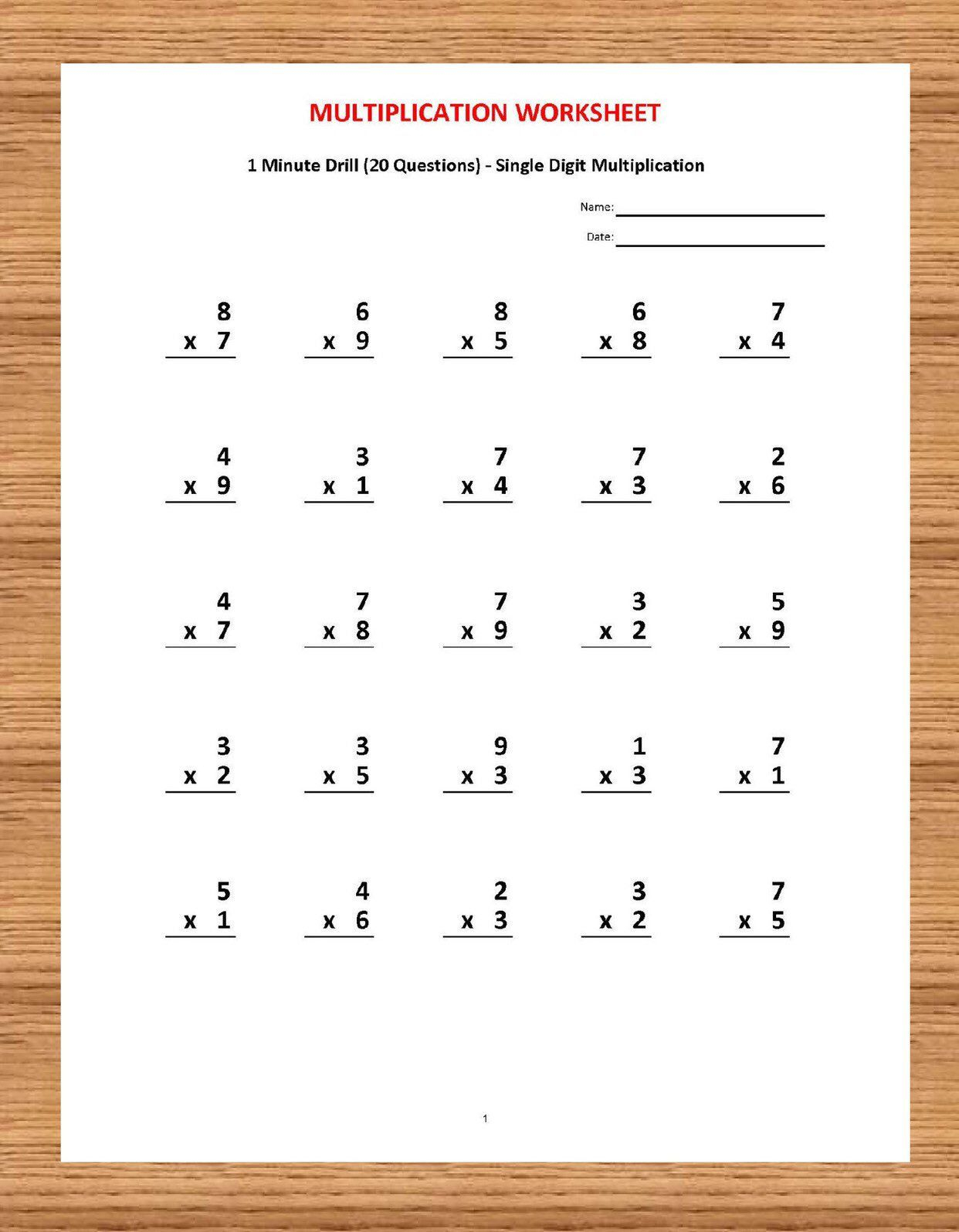 Multiplication 1 Minute Drill V 10 Math Worksheets With