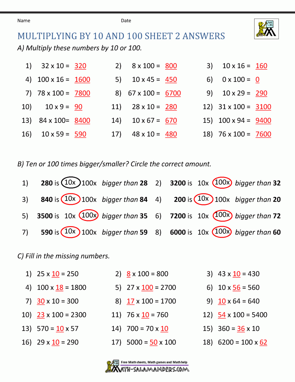 Multiplying10 And 100 Worksheets