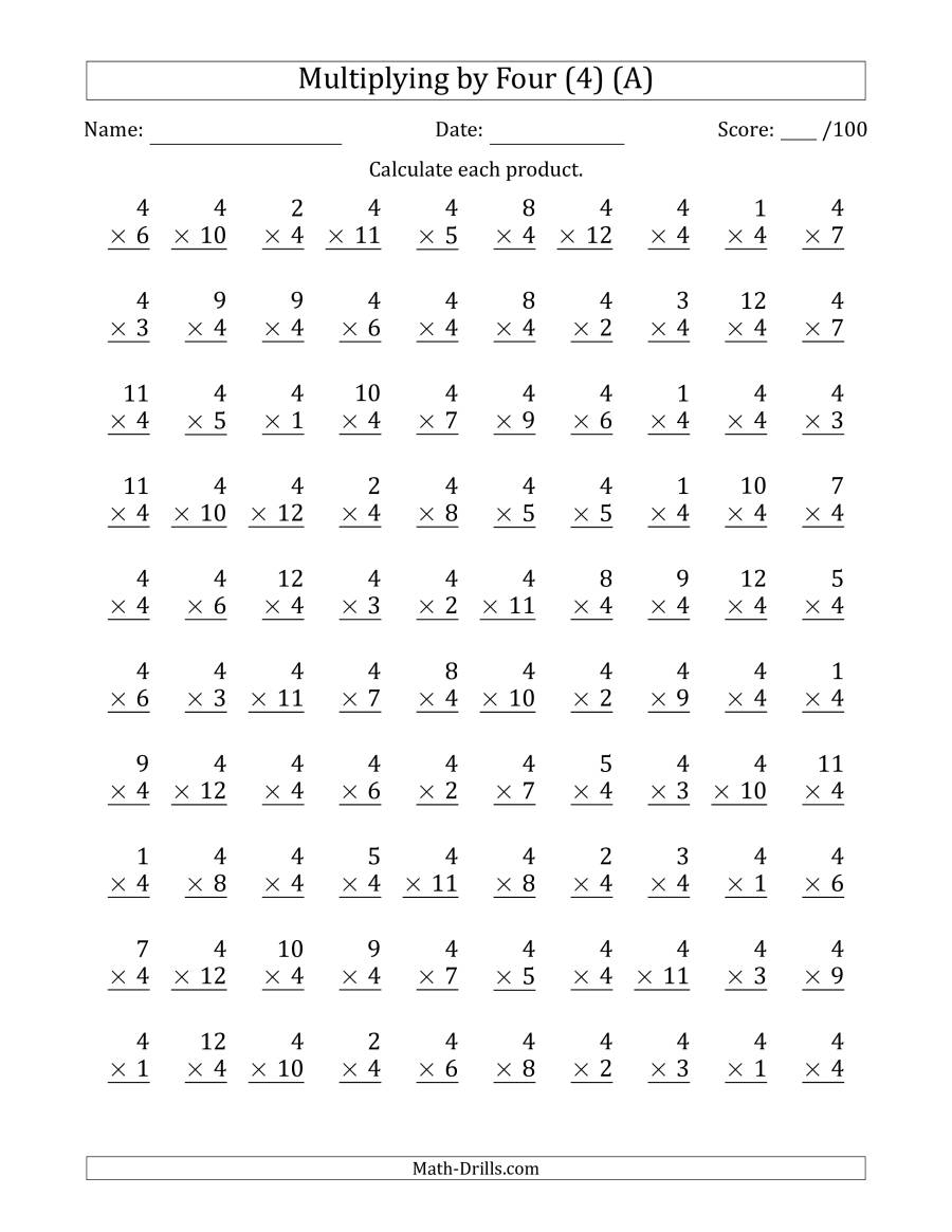 Multiplyingfour (4) With Factors 1 To 12 (100 Questions) (A)