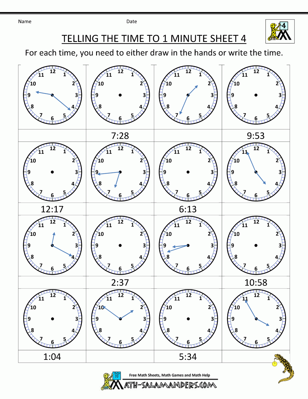Printable Time Worksheets Telling The Time To 1 Min 4 | Time