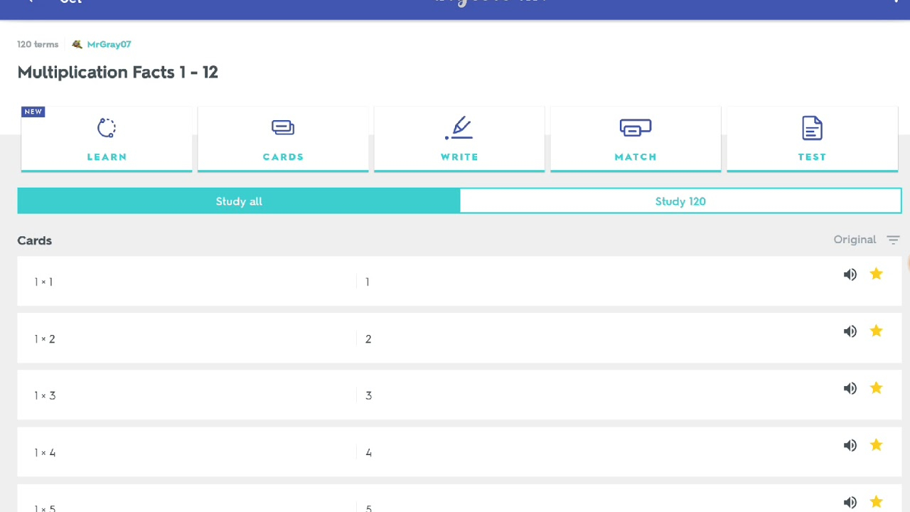 Quizlet - Multiplication Facts 1 - 12 (4Th Grade)