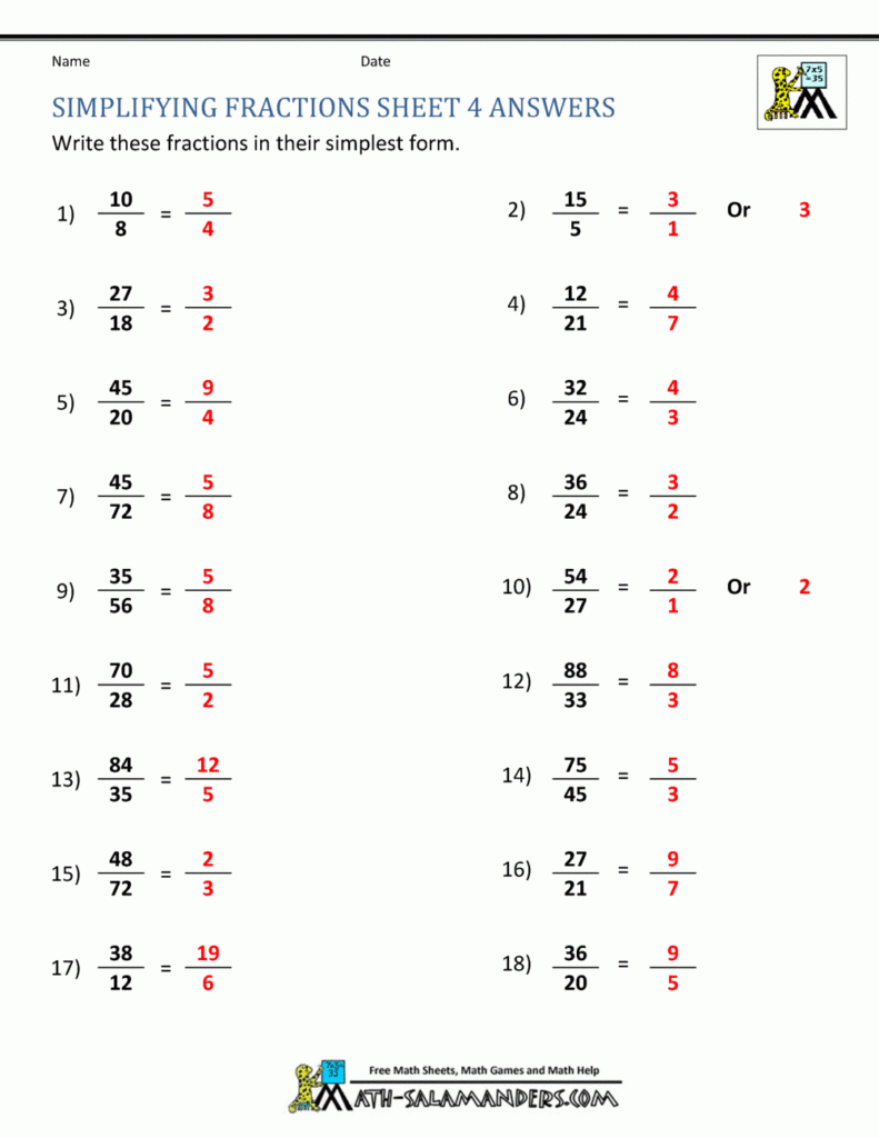 Simplifying Fractions Worksheet Simplifying Fractions Worksheet