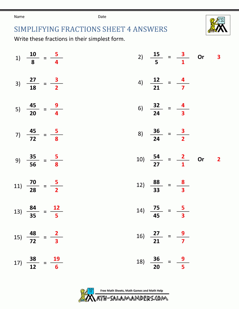 Simplifying Fractions Worksheet