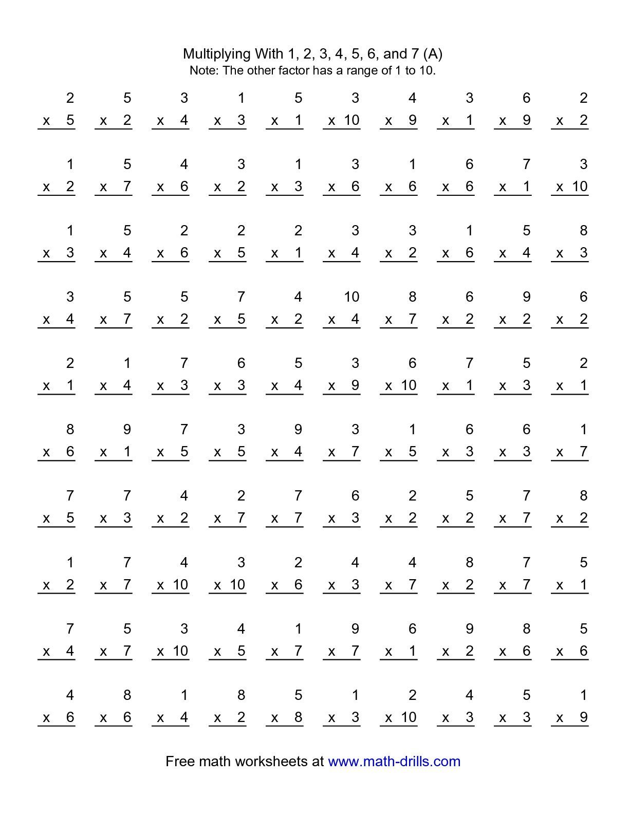 The 100 Vertical Questions -- Multiplication Facts -- 1-7
