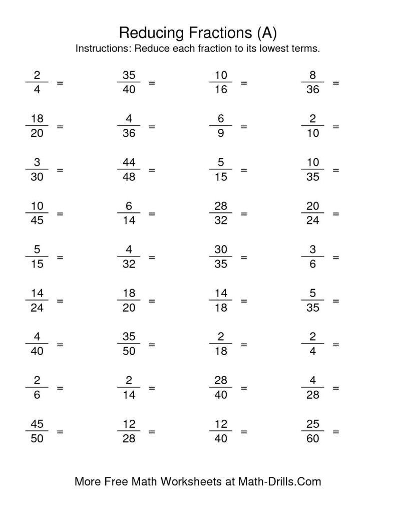The Reducing Fractions To Lowest Terms (A) Math Worksheet The Reducing Fractions To Lowest Terms (A) Math Worksheet