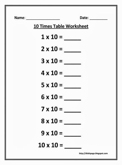 10 Times Multiplication Table Worksheet Kids Math 