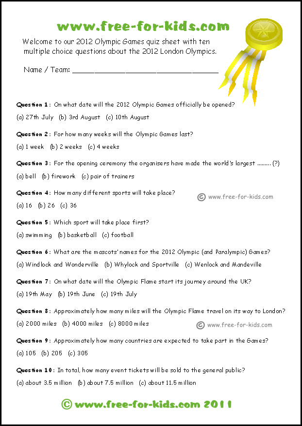 2012 Olympics Quiz Sheet Www free for kids