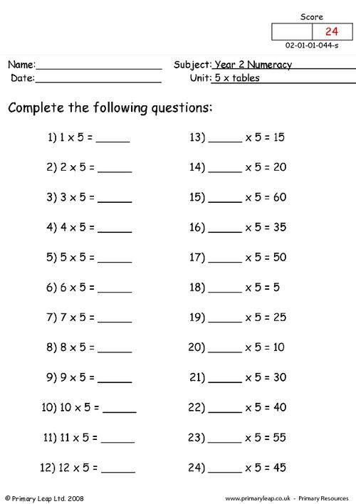 5 X Tables Worksheet Multiplication Worksheets Math 