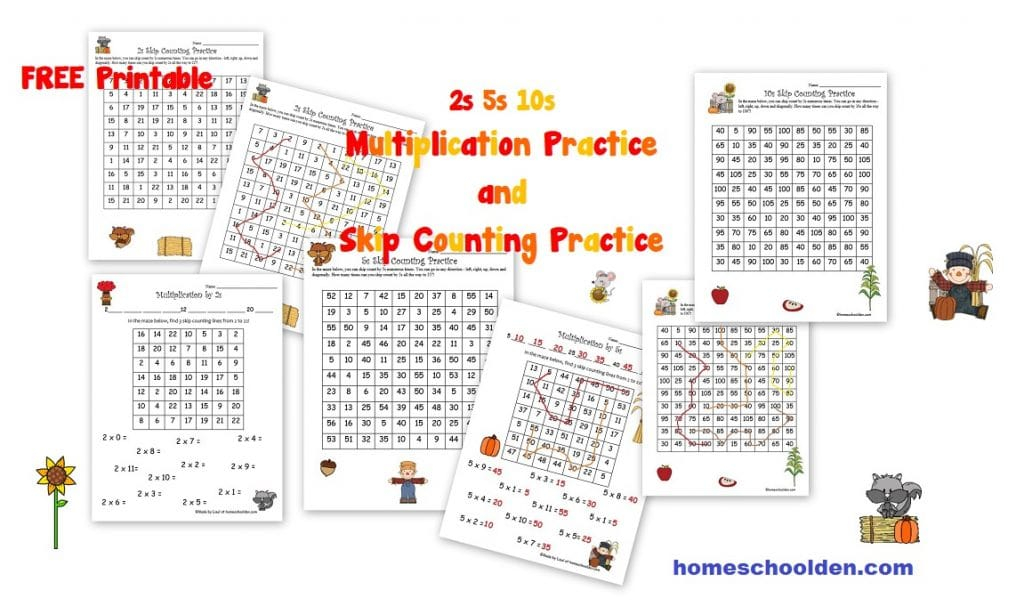 Free Fall Multiplication Worksheets 2s 5s 10s Homeschool Den