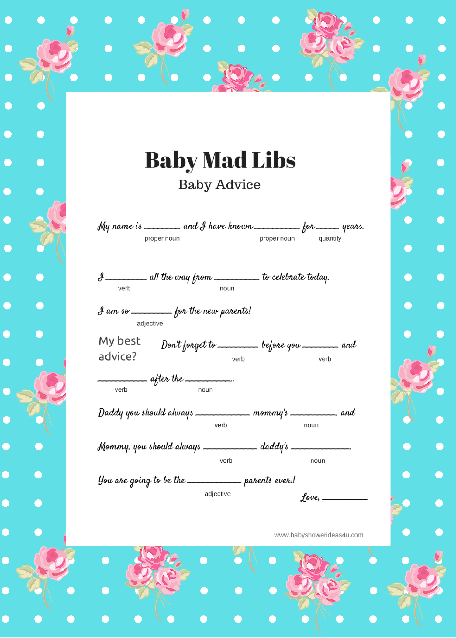 Free Instant Download Baby Shower Mad Libs Template