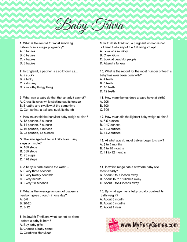 Free Printable Baby Trivia Game For Baby Shower Party