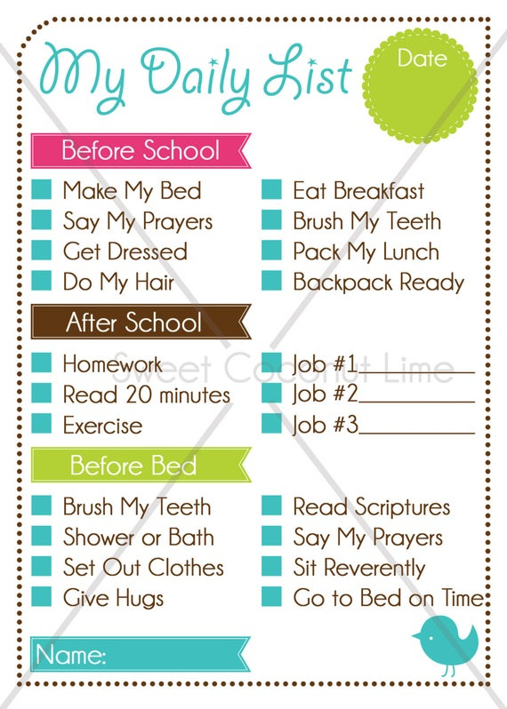 Kid s Editable Daily List And Chore Chart Instant Download