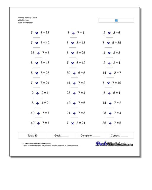 Multiplication And Division Missing Operation Worksheets