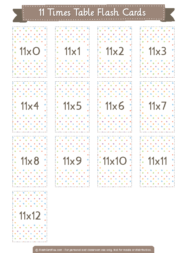 Printable 11 Times Table Flash Cards