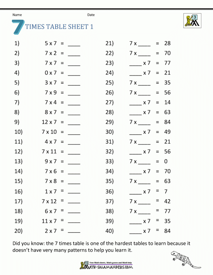 Printable Multiplication Worksheets 7S 