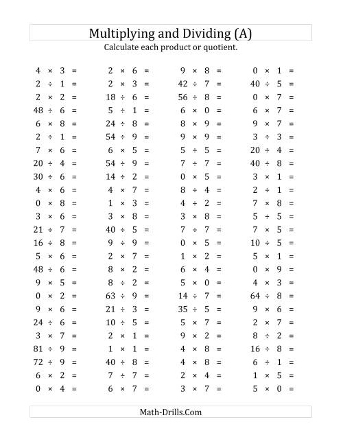 100 Horizontal Multiplication Division Questions Facts 0 