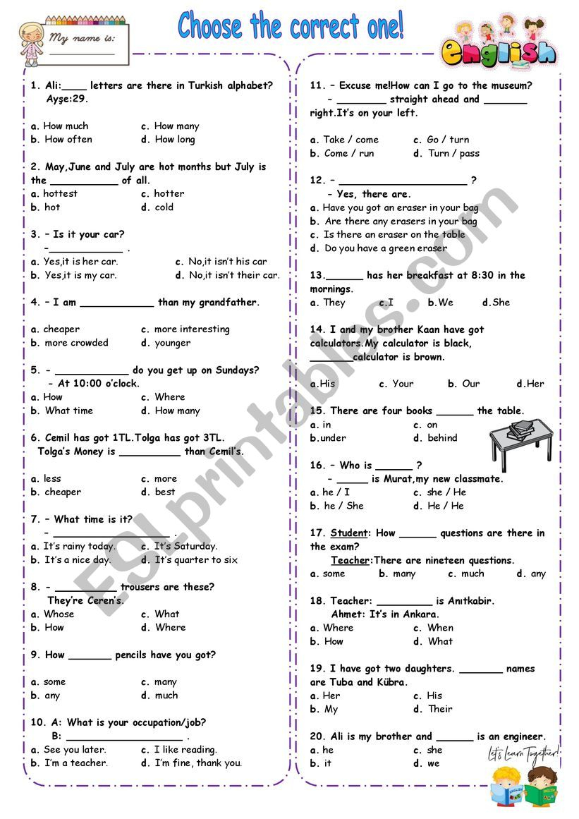 20 Multiple Choice Test ESL Worksheet By Remziye