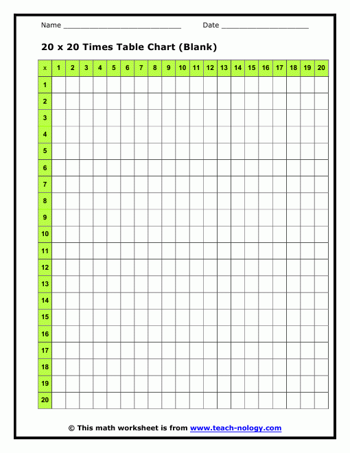 20 X 20 Times Table Charts