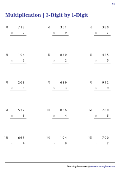 3 digit By 1 digit Multiplication Worksheets