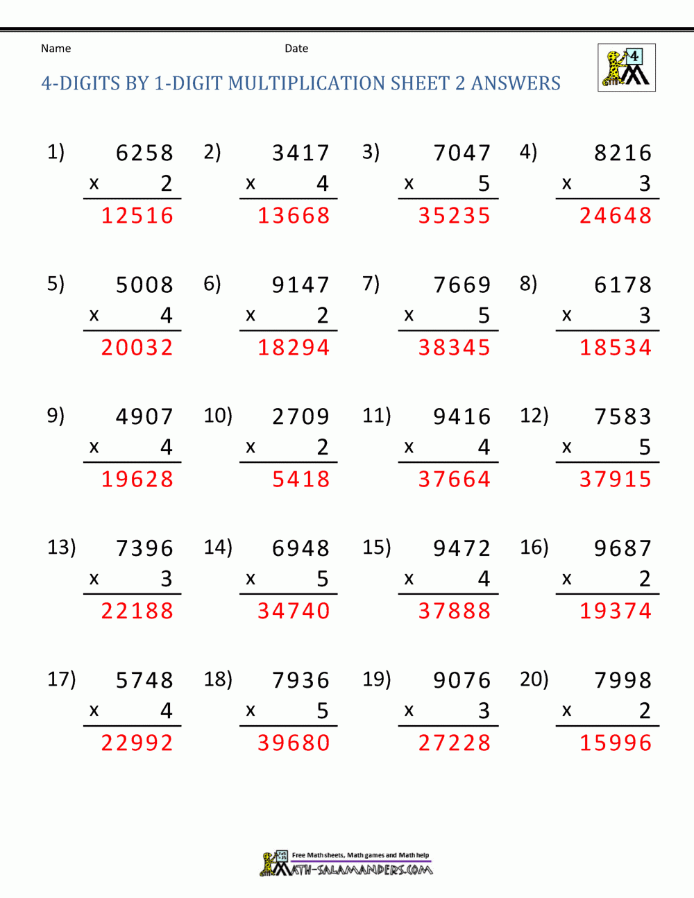 4 Digit Multiplication Worksheets Times Tables Worksheets