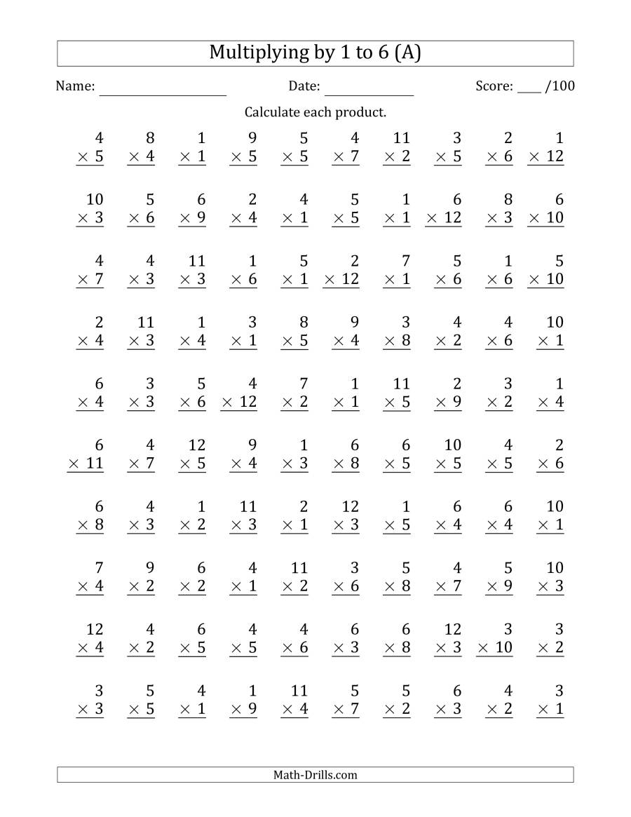 4th Grade Multiplication Worksheets 100 Problems Times 