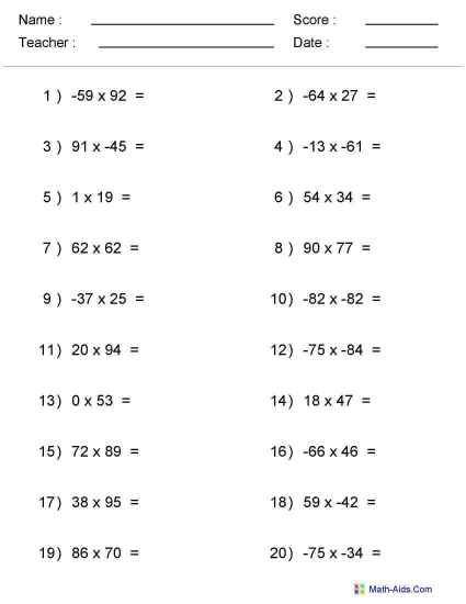 Adding Subtracting Multiplying And Dividing Integers 