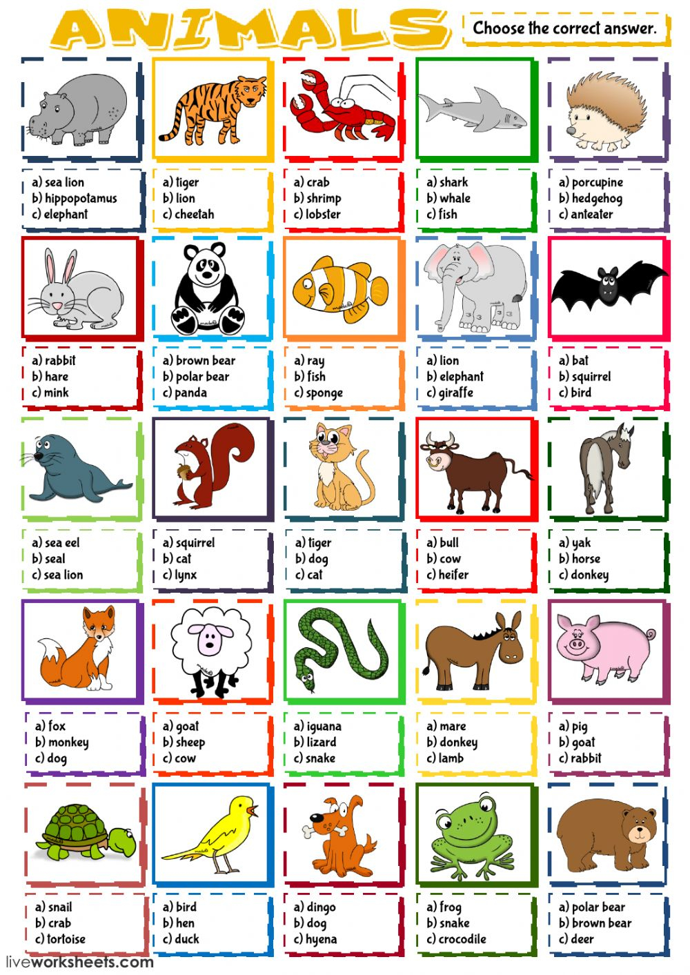 Animals Multiple Choice Worksheet