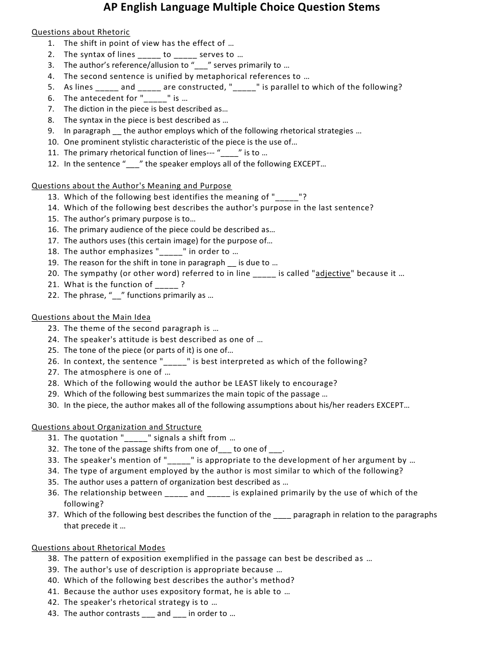 Ap English Language Multiple Choice Test Template Download 