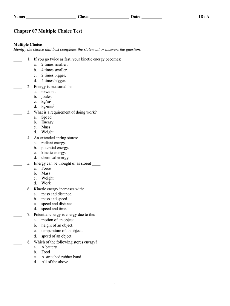 Chapter 07 Multiple Choice Test Fill Online Printable 