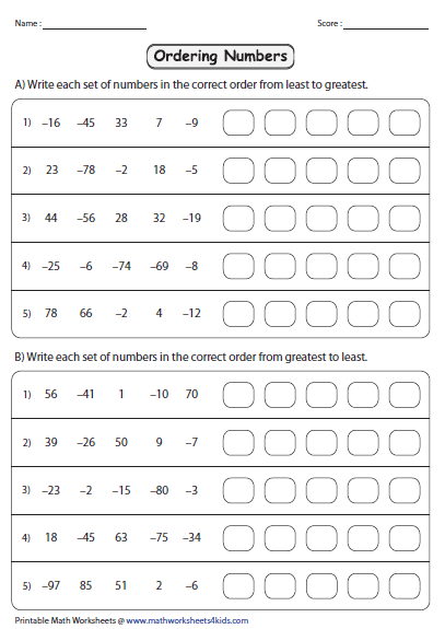 Comparing And Ordering Integers Worksheets