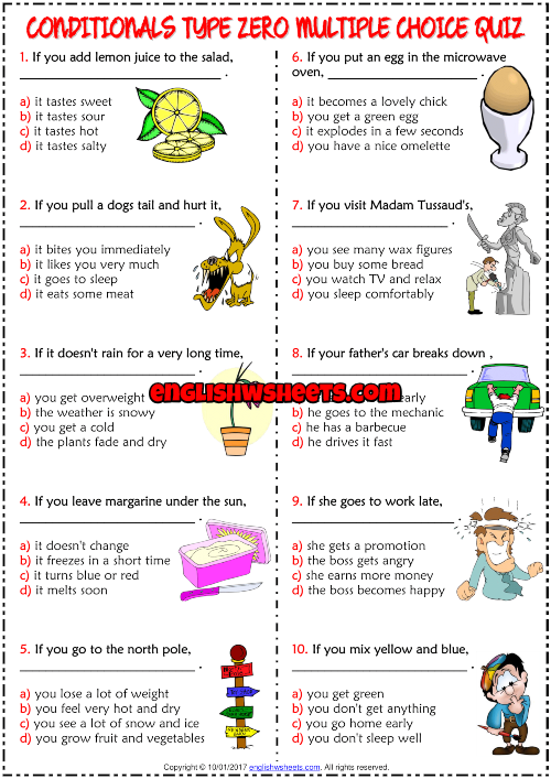 Conditionals Type 0 ESL Printable Multiple Choice Quiz 